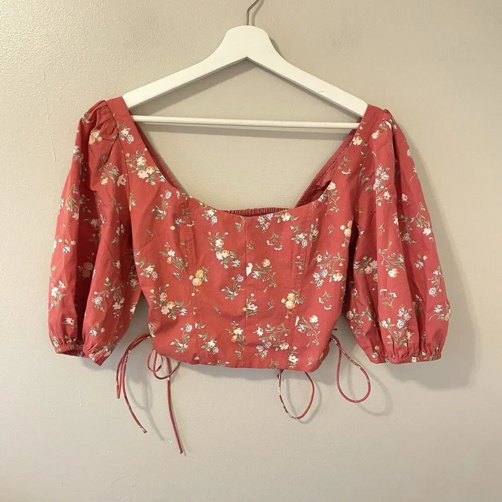 NWT Abercrombie And Fitch Floral Puff Sleeve Lace Up Poplin Corset Top Sz S